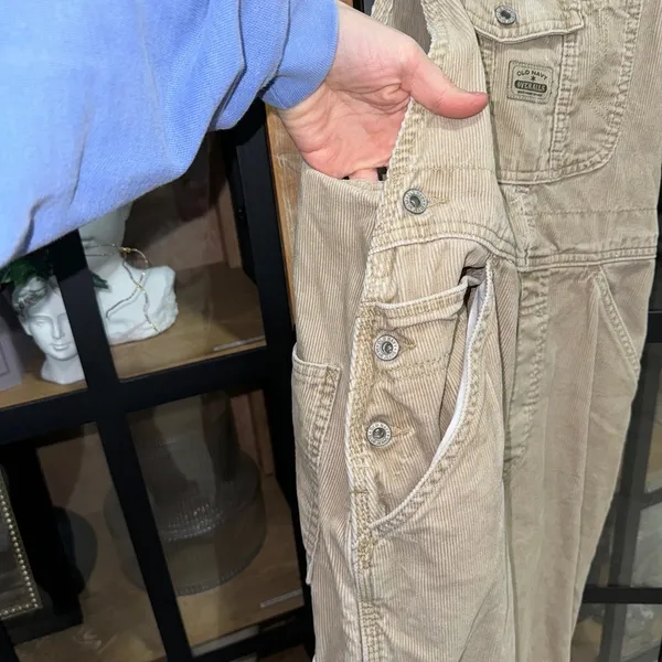 Vintage 2000 Old Navy Overalls corduroy khaki beige long adjustable y2k utility - Image 6