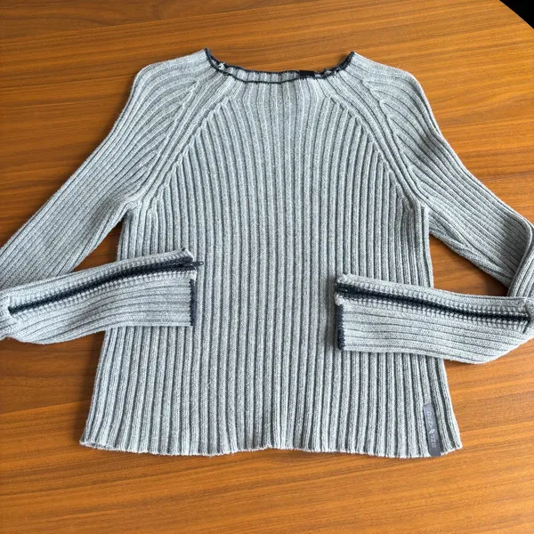 90s Vintage DKNY Jeans Sweater L Gray Ribbed Zipper Cuff Grunge Y2K Gorpcore Ski - Image 9