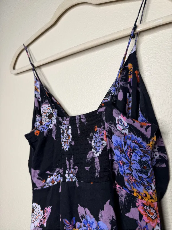 Free People Women Happy Heart Floral Mini Dress S Black Purple Ruched Tie Front - Image 7