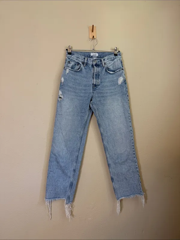nuuds‎ Distressed Button Fly Raw Frayed Hem Straight Cotton Jeans Size 27 - Image 3