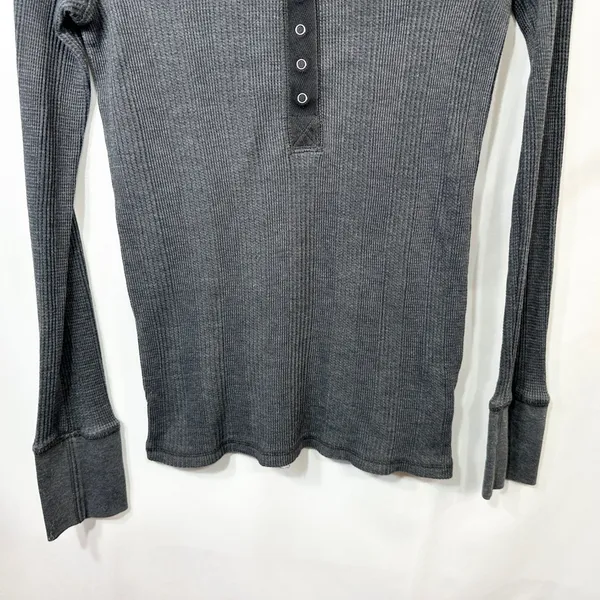 Aerie‎ Small Top Charcoal Gray Ribbed Waffle Knit Henley Long Sleeve Lounge 1469 - Image 4