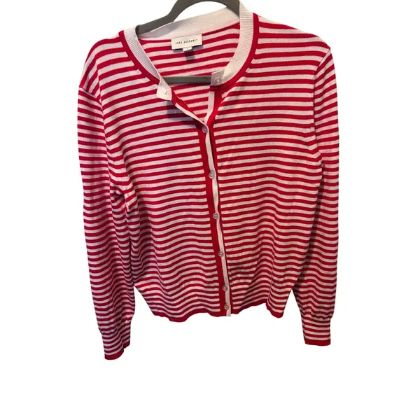 Free Assembly Women's Red & White Striped Cardigan Sweater L 12-14 - Image 2