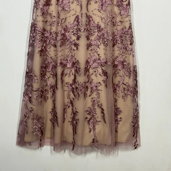 Azazie Sanna Midi Tulle A-Line Dress‎ Size 6 Dusty Rose Champagne Floral Lace - Image 4