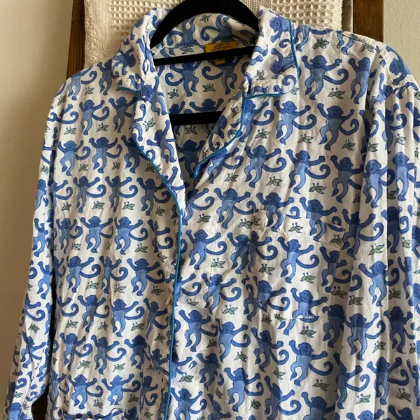 Roberta Roller Rabbit blue & white signature monkey print button down shirt - Image 2