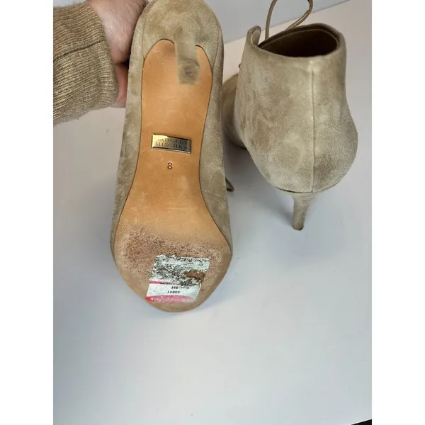 Badgley Mischka Peep Toe Booties Women 8 Taupe Suede Lace Up Stiletto Heel - Image 5