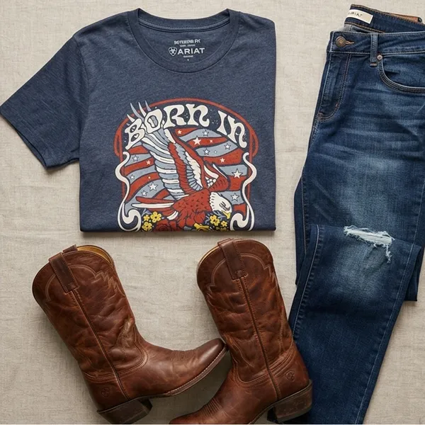 Ariat Woman’s Boyfriend Soft Heathered Blue Born in the USA Eagle Graphic Tee - Image 4