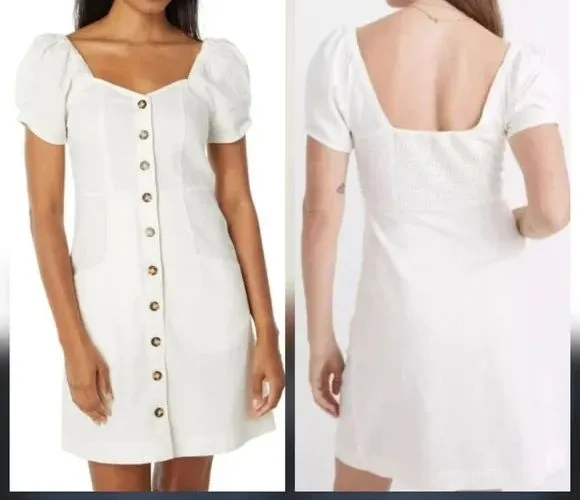 MADEWELL Linen-Cotton Puff-Sleeve Summer A-line Dress Sz 2 White Summer Retro - Image 2