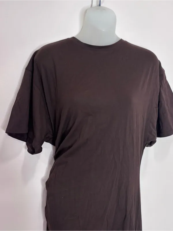 Zara Dark Brown Ruched side Short-Sleeve Maxi Dress NWT large Classic modern - Image 3