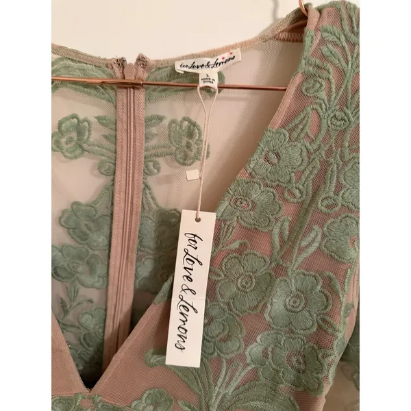 For Love & Lemons Dress Womens Large Nude Green Floral Embroidered‎ Mini $298 - Image 4
