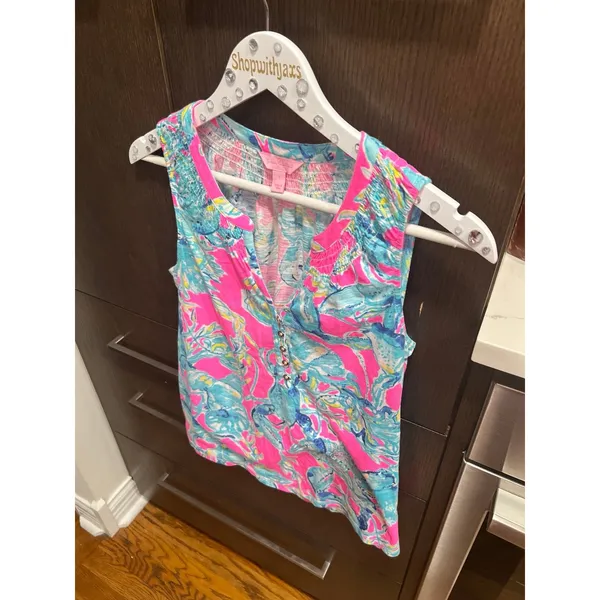 Lilly Pulitzer Essie‎ Tank Top - Gold Buttons - Pink Blue Hibiscus Flower small - Image 2