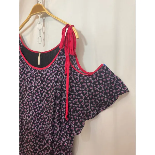 Free People Purple Pink Floral Asymmetrical Cold Shoulder Tie Mini Dress Large - Image 5