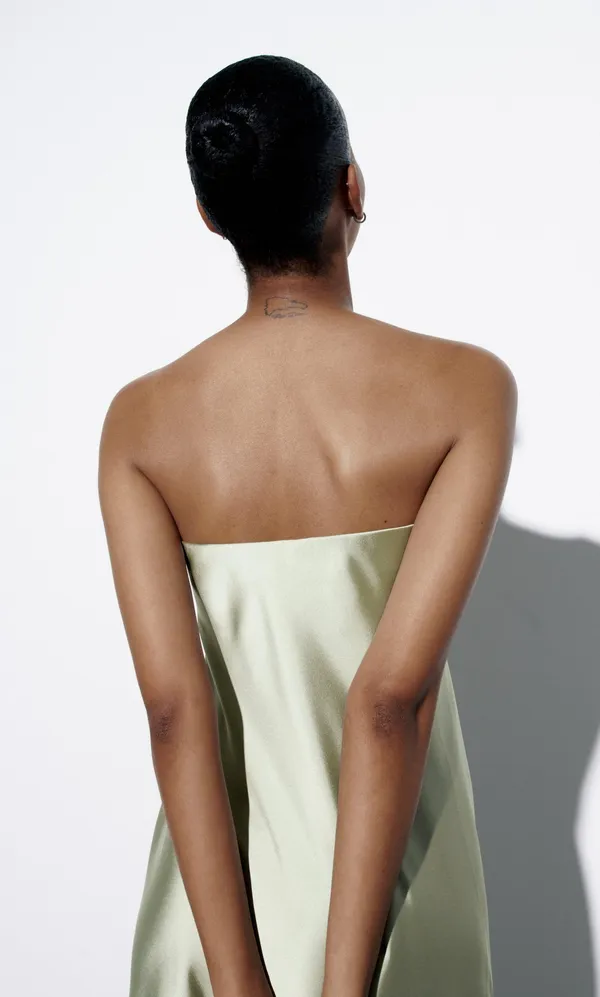 ZARA midi dress satin sleeveless tube olive green wedding party summer - Image 12