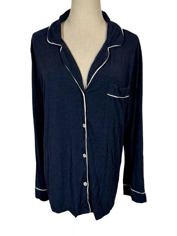Eberjey Gisele TENCEL Modal Long Sleeve PJ Top Heathered Navy/Ivory - Image 5