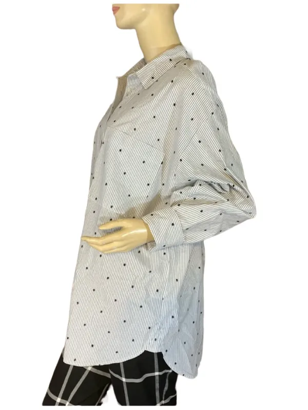 Loft Gray, Black & White Stripes & Polka-Dot Cotton Button Down Top (L) - Image 3