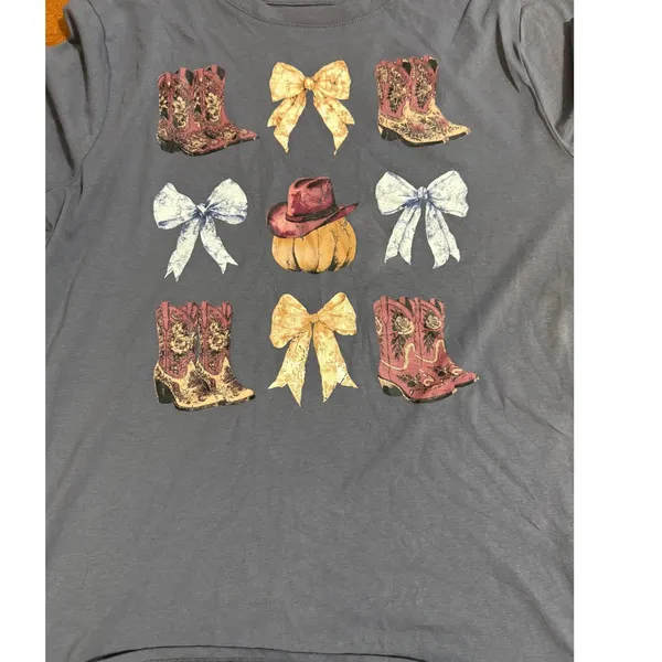 Cato Adorable Cowgirl‎ Coquette Western Pumpkin Country Casual Blue Tee Shirt sz L - Image 7