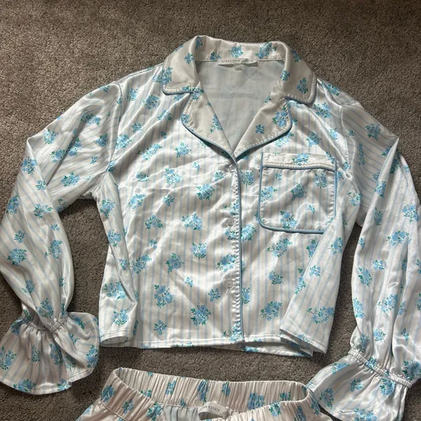 Altar’d State Ditzy Floral Blue Satin Pajama Set Striped Size Small and XS - Image 4