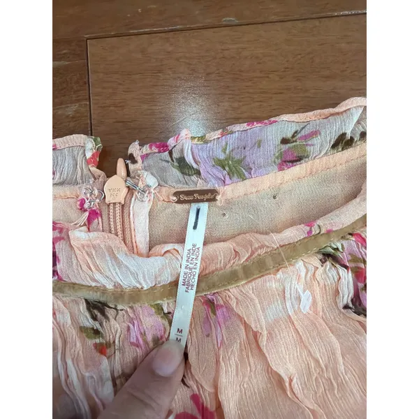 NWOT Free People Mini Dress Womens Peach Floral Ruffle Puff Sleeve M - Image 5