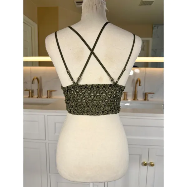 Anemone Lace Bralette Womens Medium Olive Green Boho Smocked Back Lined Strappy - Image 5