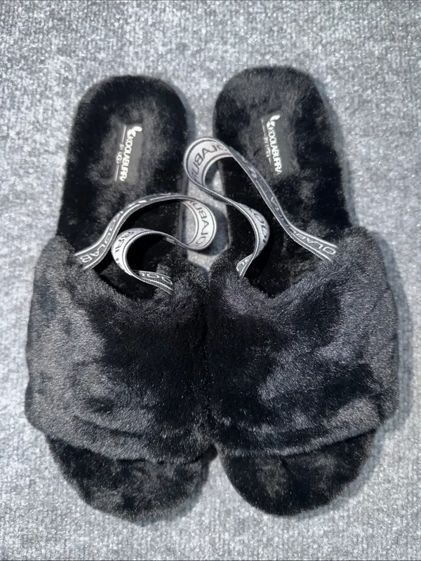 Koolaburra By Ugg Black Faux Fur Slide Sandals with Branded Elastic Strap - Image 2