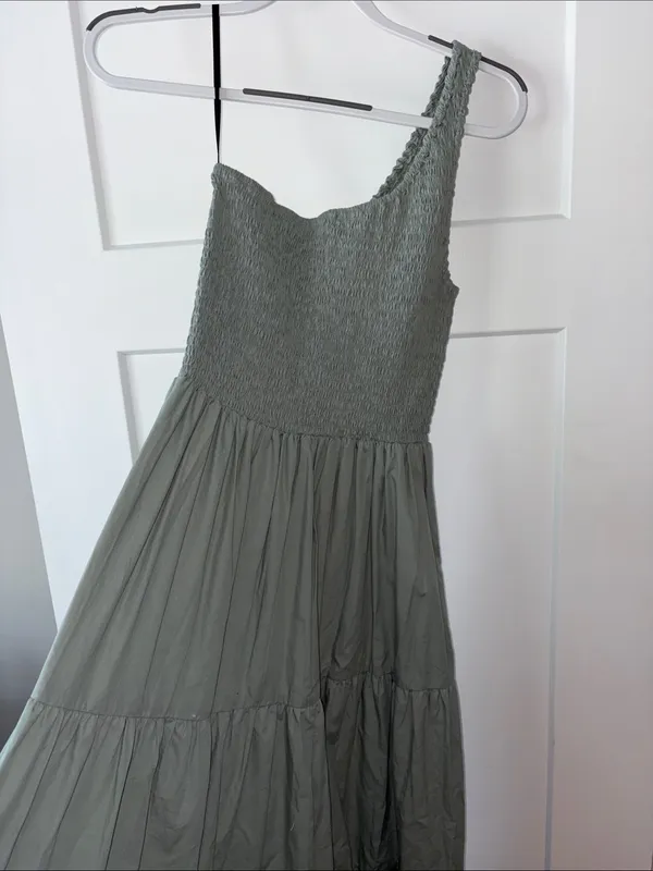 SWF x Revolve Smocked One Shoulder Maxi Dress Womens M Light Green Tiered Cotton - Image 3