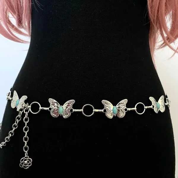Silver Y2K Western Butterfly Turquoise Chain Belt, Fits 24-42 Inches, X7GA1343 - Image 5