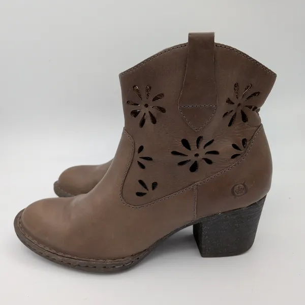 Born Ivy Brown Leather Floral Laser Cut Out Ankle Boots‎ Womens 7 EU 38 - Image 2