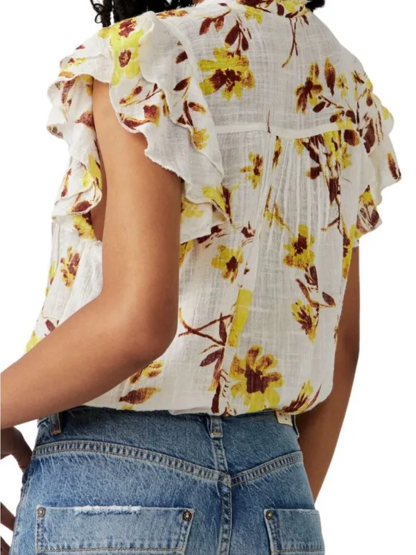 Free People White Floral Ruffle V-Neck Top with Yellow and Brown Print - Image 4