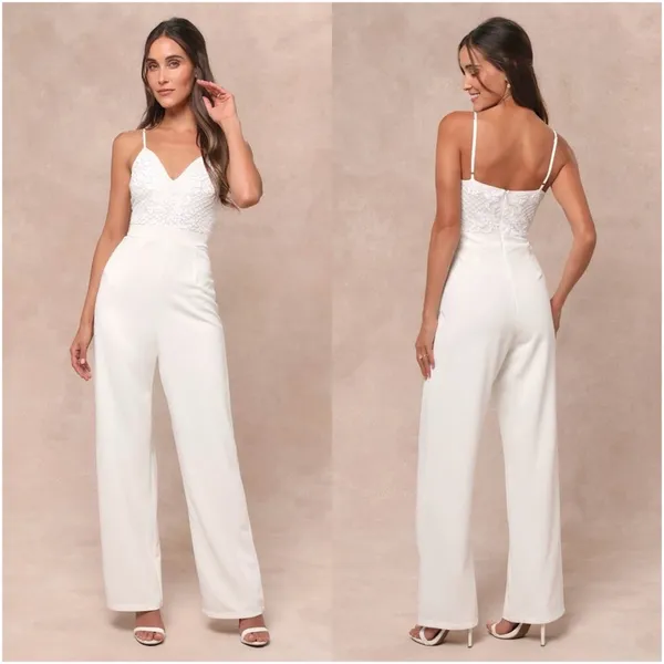 LULU’S Memorable Occasion White Beaded Sequin Wide-Leg Jumpsuit - Image 2