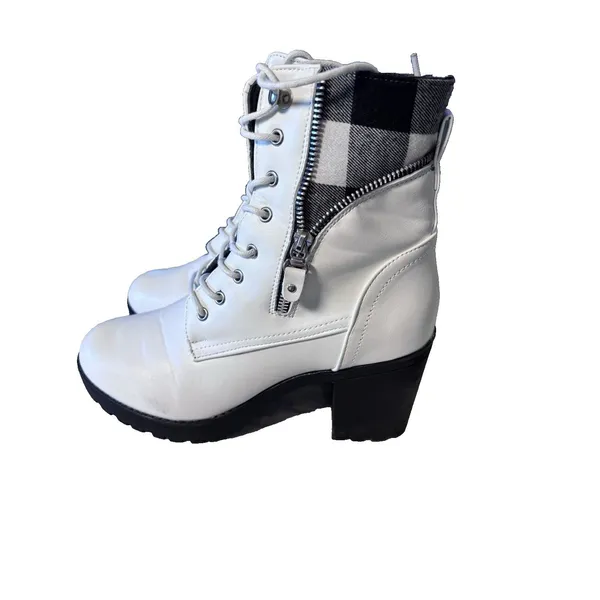 Yoki Womens's Zipper Laces Platform Combat White Black Plaid Chunky Heel Boots 8 - Image 4