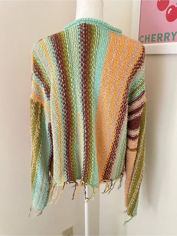 Free People Baja Cardi Sweater Cardigan Fringe Striped Button Front Size XS - Image 10