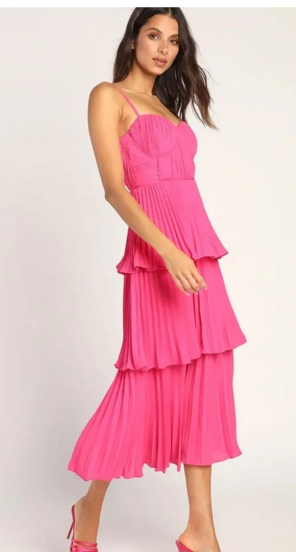 Pink tiered midi dress - Image 2
