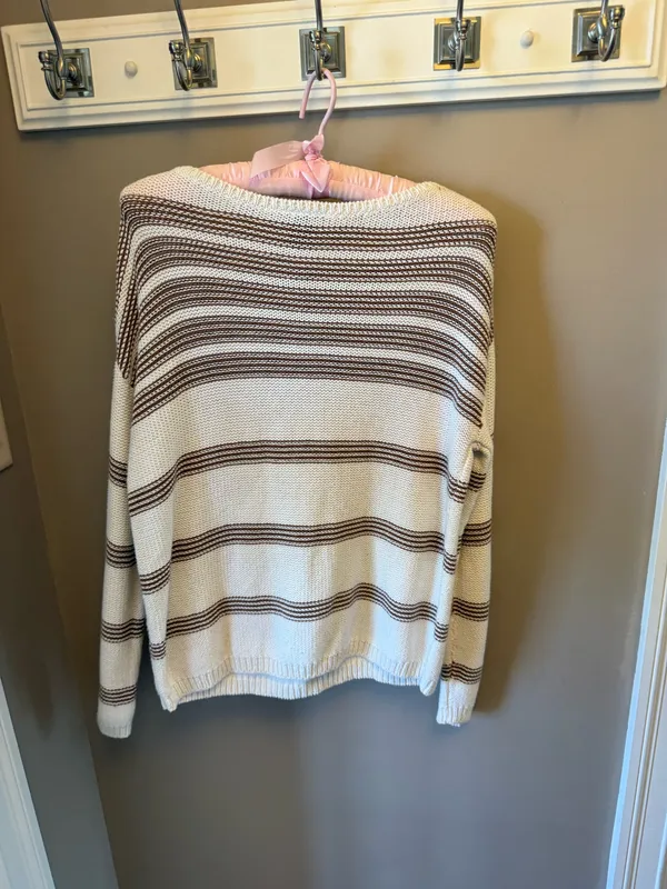 The Ann Taylor Brown White Striped Knit Pullover Sweater-S - Image 3