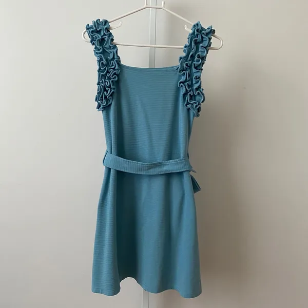 Pink Devil Cotton Dainty Quirky Ruffle Strap Ribbed Mini Dress Small Blue - Image 5