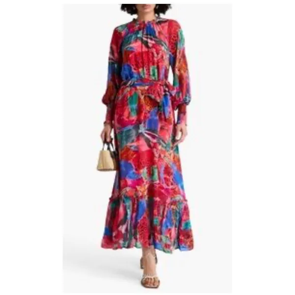 Farm Rio Animal Collage Maxi Dress Red Long Sleeves Tiered Beaded Tassels - Image 2