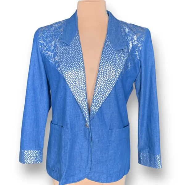 Vintage‎ Blue Denim Blazer Silver Polka Dot Boho Western Jacket Artsy Eclectic - Image 11