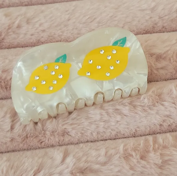 New Pink Linen Lemon fruit Acetate Claw Clip Yellow - Image 3