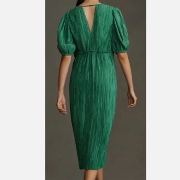 Anthropologie Emerald Green Pleated Midi Dress with Puff Sleeves - Image 2