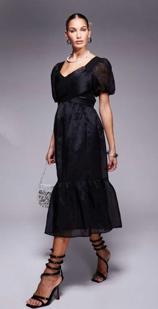 Lulus Celebratory Moment Black Surplice Puff Sleeve Midi Dress - Image 2