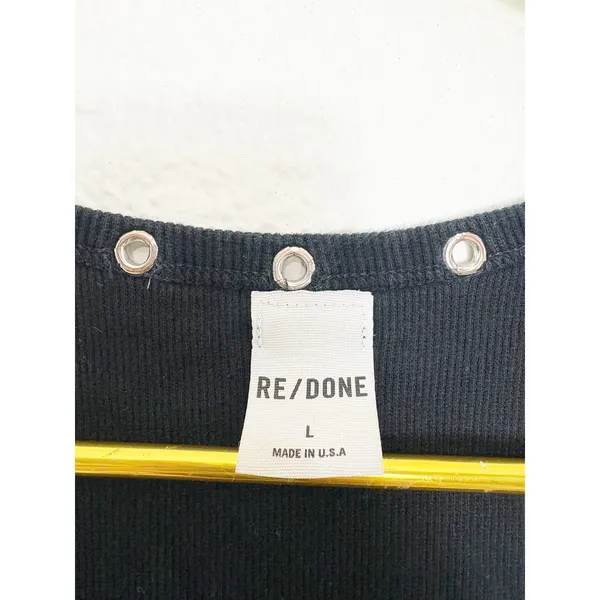Re/Done Eyelet-Embellished Mini Dress Size Large Black Ribbed Grommet Grunge - Image 6