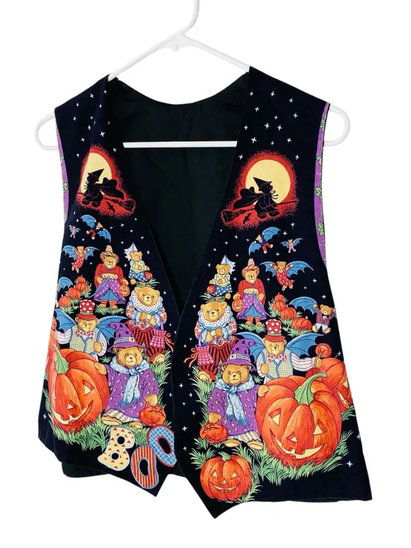 VINTAGE Halloween Bears Vest Black Size XL - Image 5