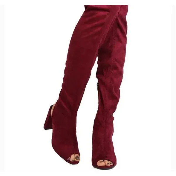 Brand New Womens Bamboo Wine Crushed Velvet Thigh High Peep Toe Boots - Sz 8.5 - Image 2