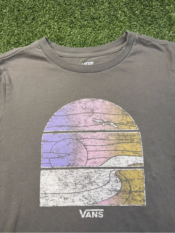 Vans Women's Grey T-Shirt Graphic‎ Logo Skate Beach Sunset Colorful Small - Image 2