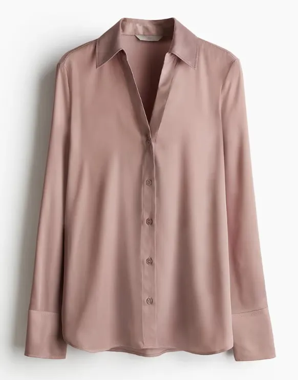 H&M Button Down V-Neck Pale Pink ("Dusty Rose") Long Sleeve Shirt - Image 2