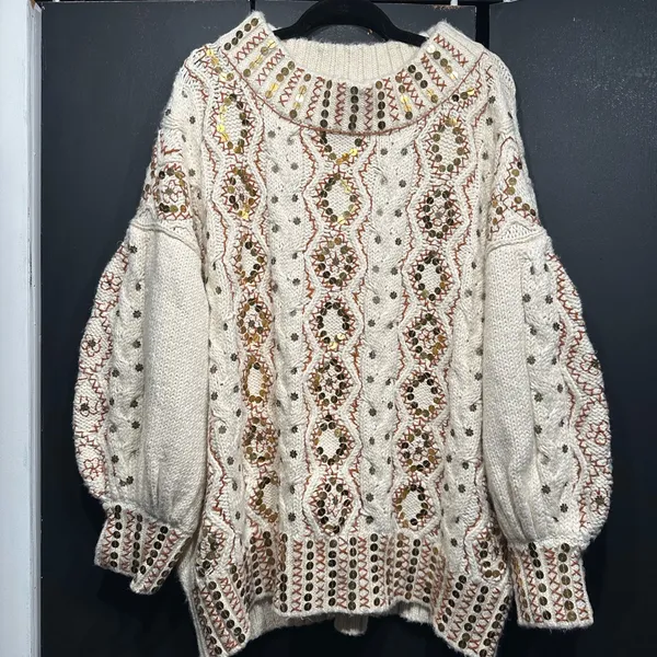 Free People Guilded Cream and Gold Embroidered Sweater - Image 2