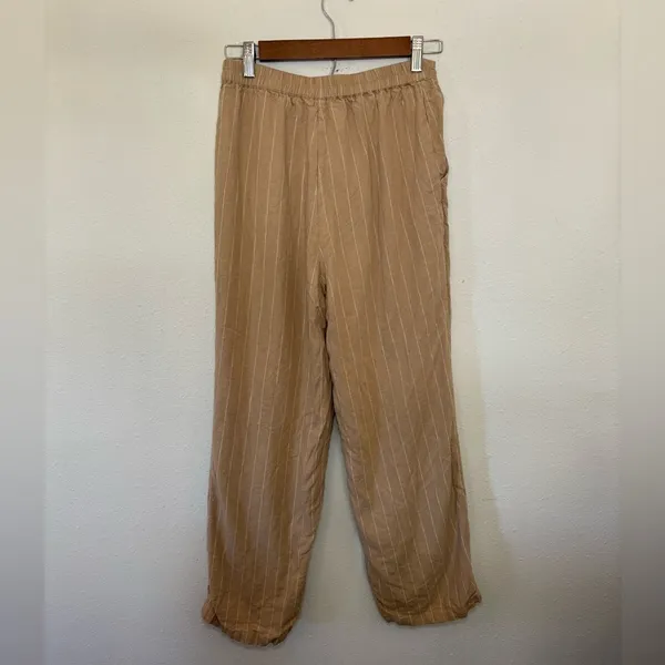 Skies Are Blue Small Tan Linen Cropped High Rise Pin Striped Pants‎ 73976 Latte - Image 6