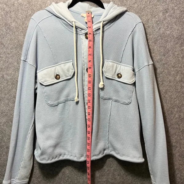 COMO VINTAGE Light Blue Waffle Knit Hooded‎ Button Front Shacket Size L - Image 3
