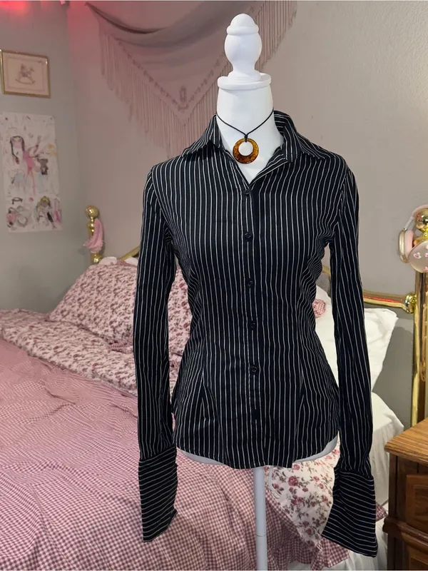Y2K Office Siren Black Pinstripe Button-Down Women's Shirt - Image 5