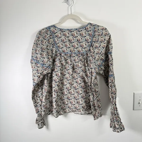 Othilia Anthro Laura Blue Floral Long Sleeve Peasant Blouse Boho Cottage Women M - Image 8