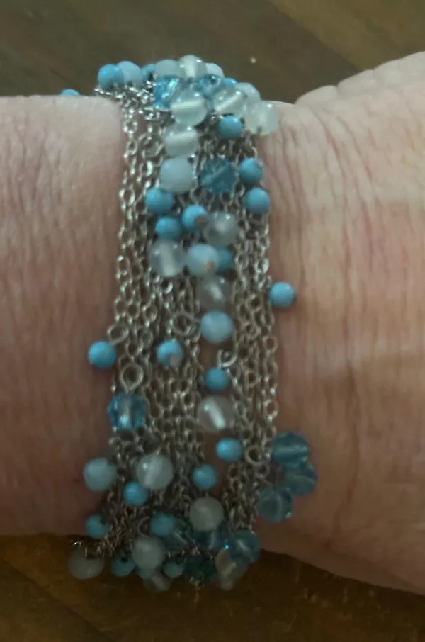 Silver tone multi strand blue dangle bead bracelet - Image 3
