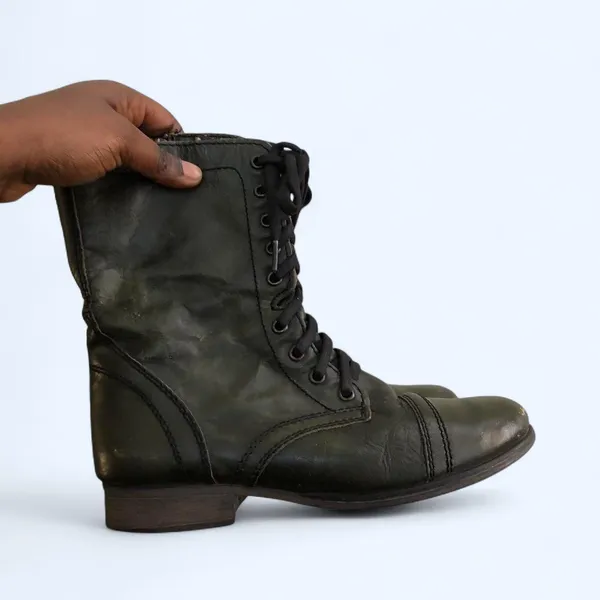Goth Military Biker Grunge Steampunk Steve Madden Troopa Combat genuine leather lace up boots Ankle Booties Dark Green #Whimsygoth #Streetwear #Punk #Alternative #Rock #Whimsigoth - Image 3